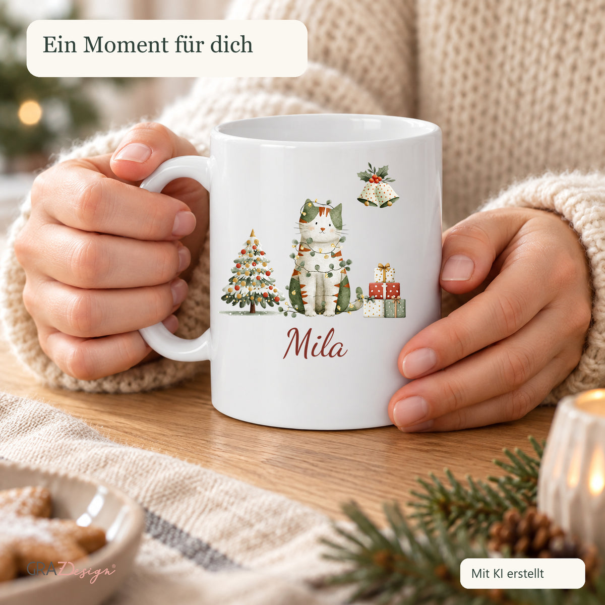Weihnachtskatze: personalisierte Weihnachtstasse mit Name Mila, Ansicht 7 von 8