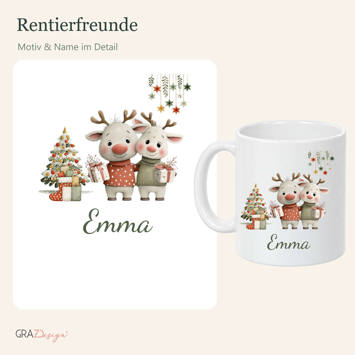 Rentierfreunde: personalisierte Weihnachtstasse mit Name Emma, Ansicht 3 von 8