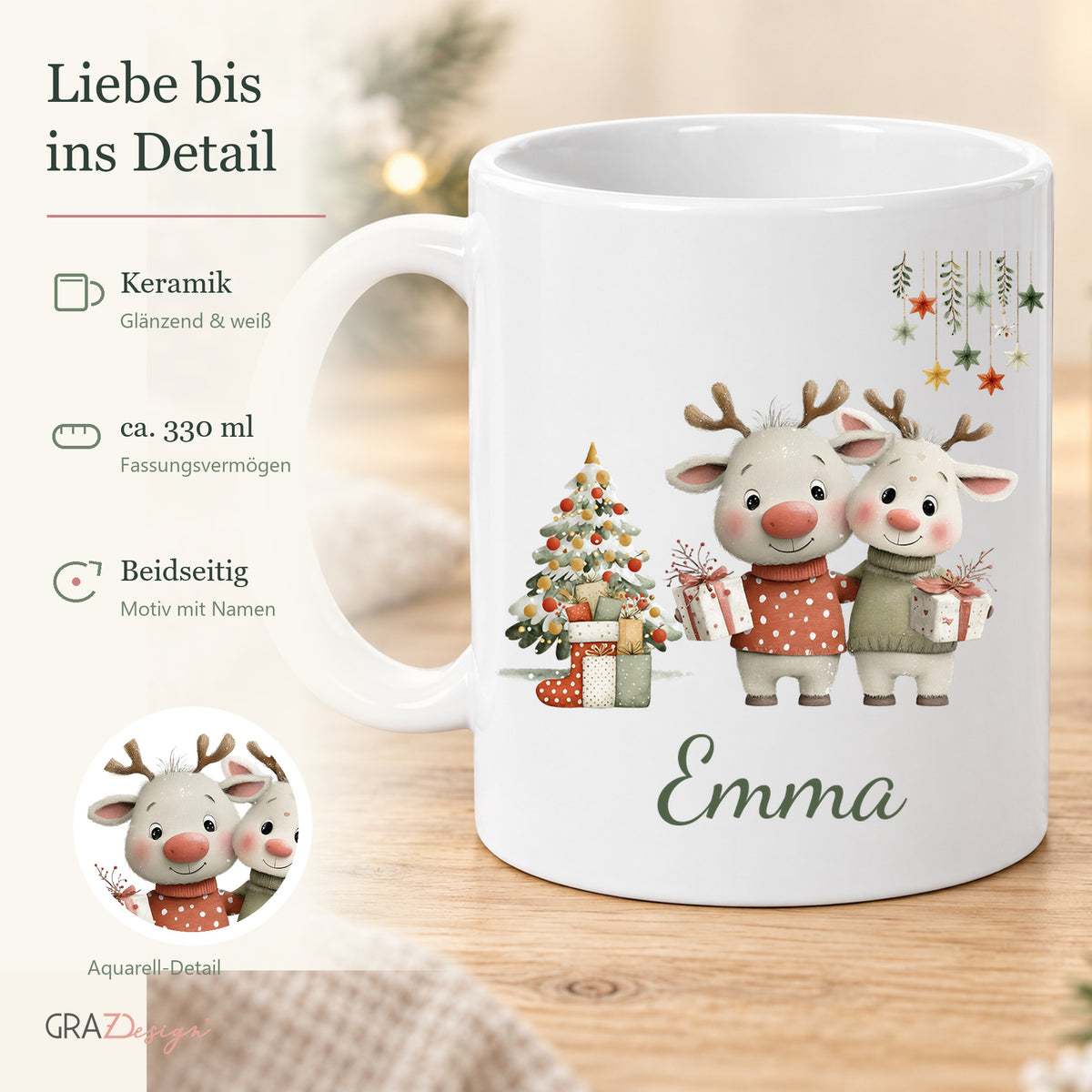 Rentierfreunde: personalisierte Weihnachtstasse mit Name Emma, Ansicht 4 von 8