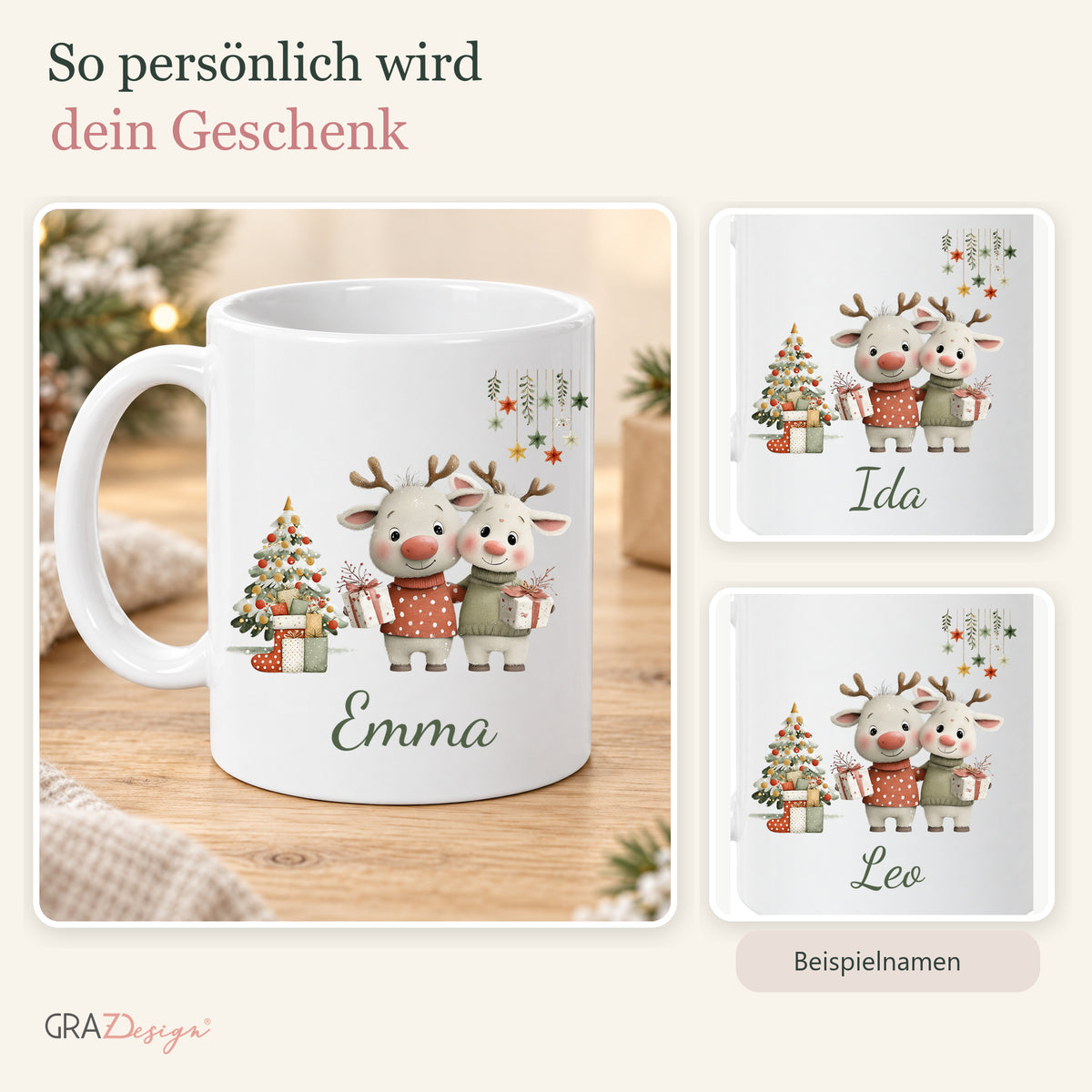 Rentierfreunde: personalisierte Weihnachtstasse mit Name Emma, Ansicht 5 von 8