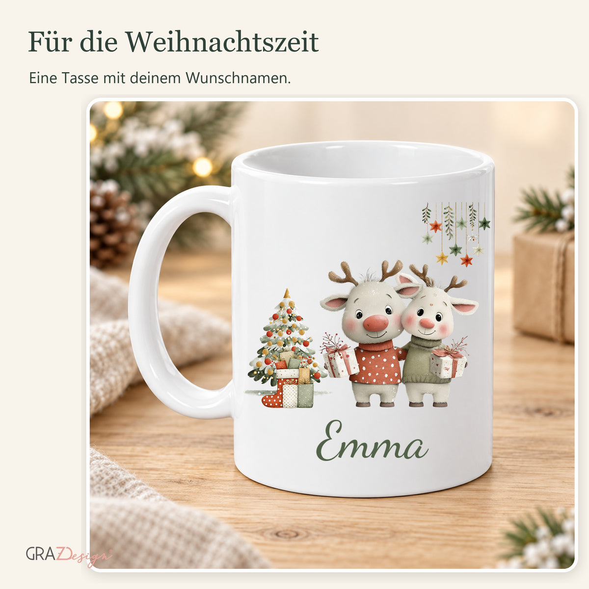 Rentierfreunde: personalisierte Weihnachtstasse mit Name Emma, Ansicht 8 von 8