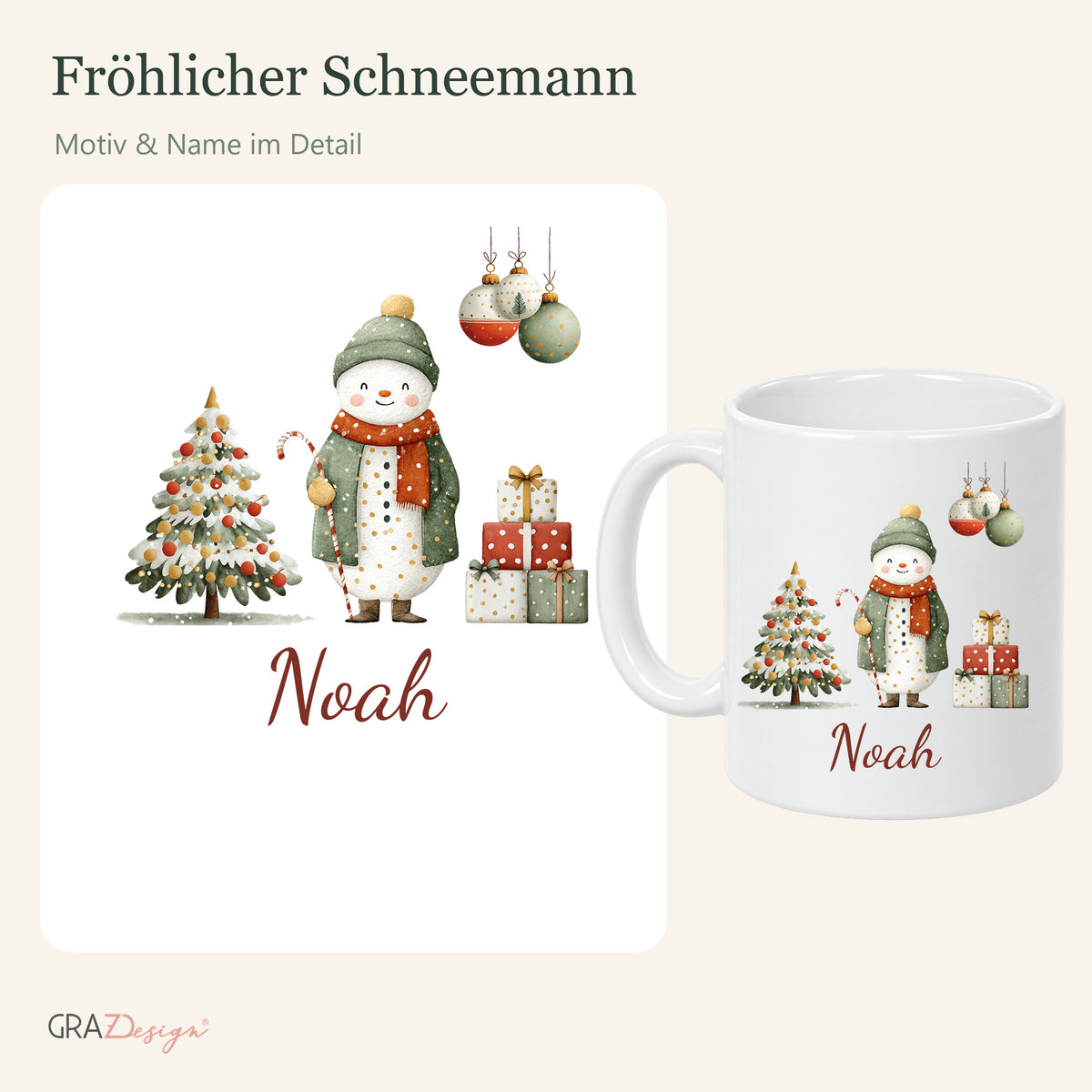Fröhlicher Schneemann: personalisierte Weihnachtstasse mit Name Noah, Ansicht 3 von 8