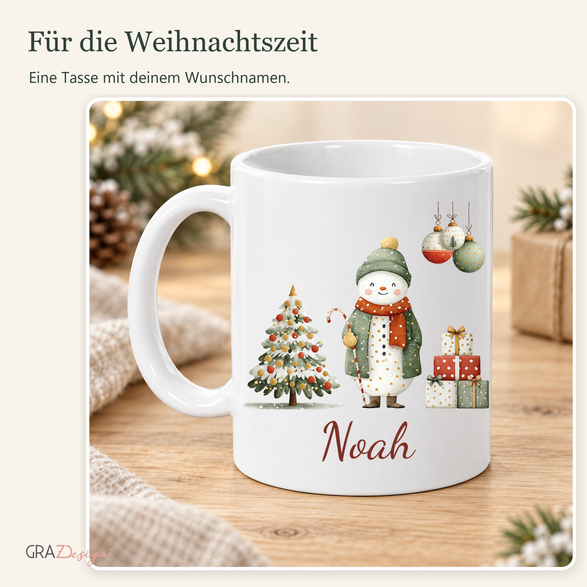 Fröhlicher Schneemann: personalisierte Weihnachtstasse mit Name Noah, Ansicht 8 von 8