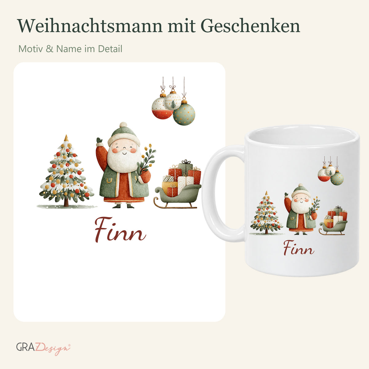 Weihnachtsmann mit Geschenken: personalisierte Weihnachtstasse mit Name Finn, Ansicht 3 von 8