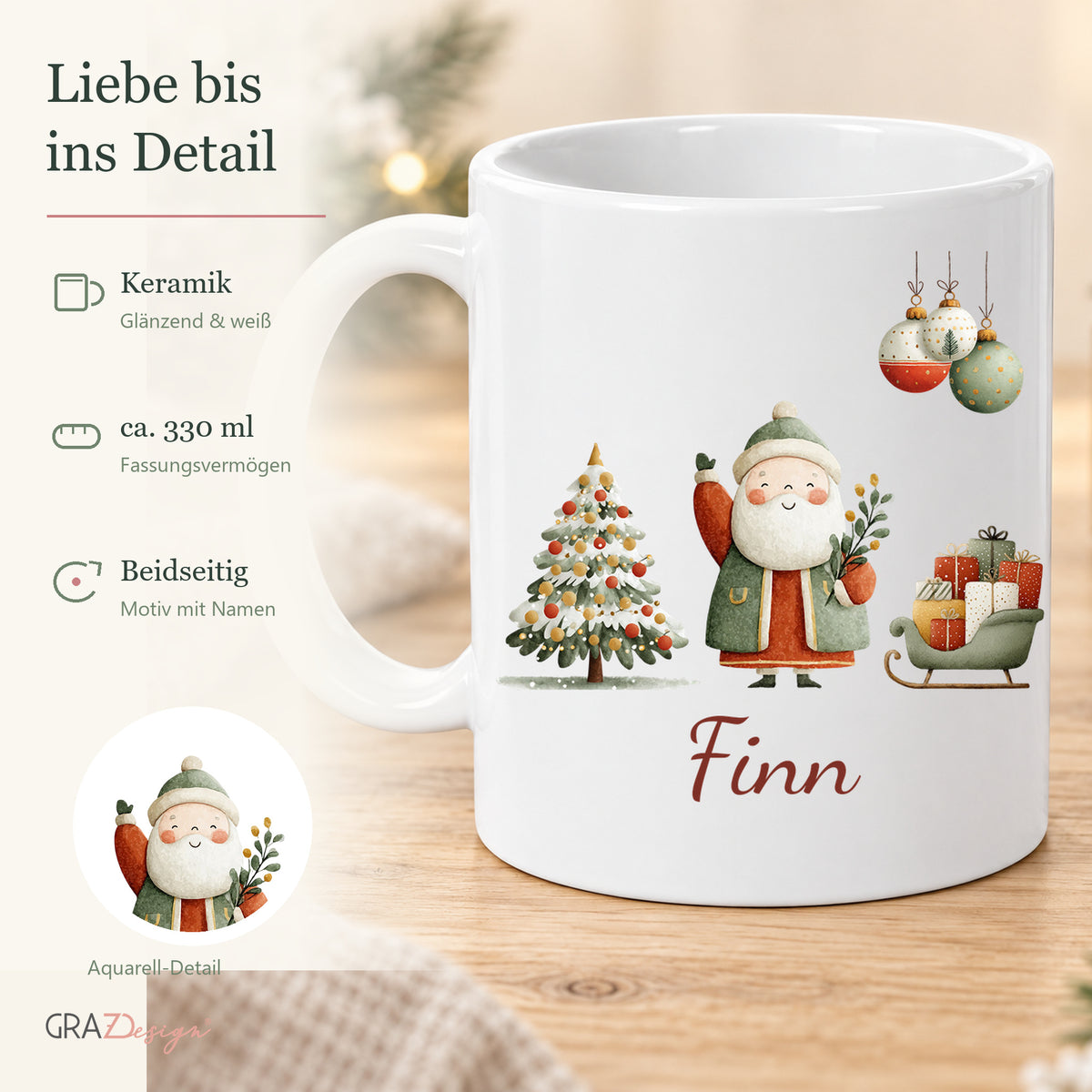 Weihnachtsmann mit Geschenken: personalisierte Weihnachtstasse mit Name Finn, Ansicht 4 von 8