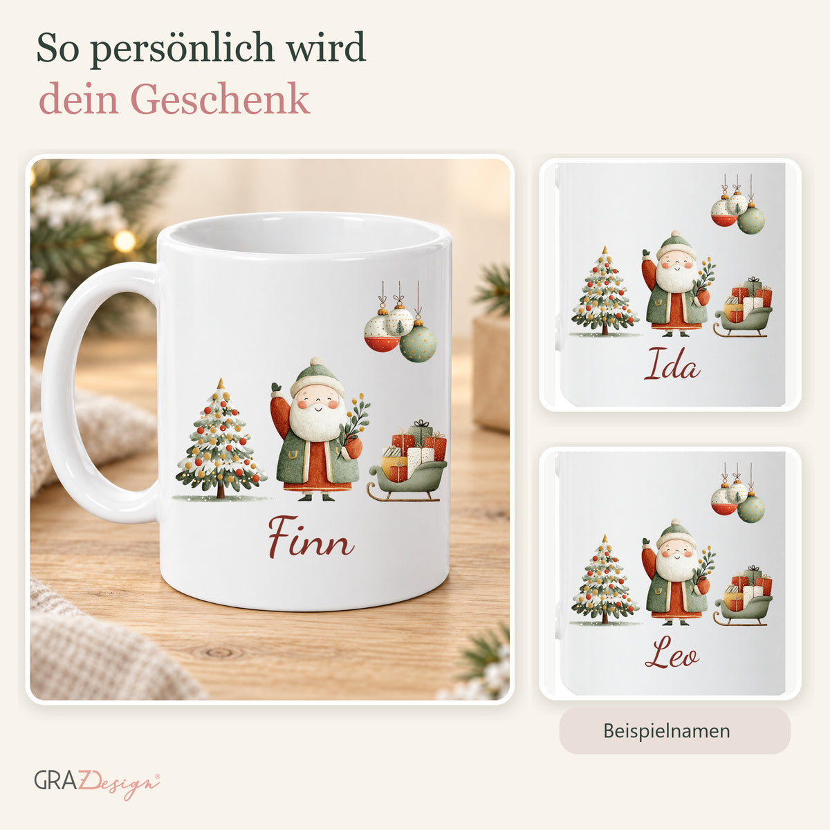 Weihnachtsmann mit Geschenken: personalisierte Weihnachtstasse mit Name Finn, Ansicht 5 von 8