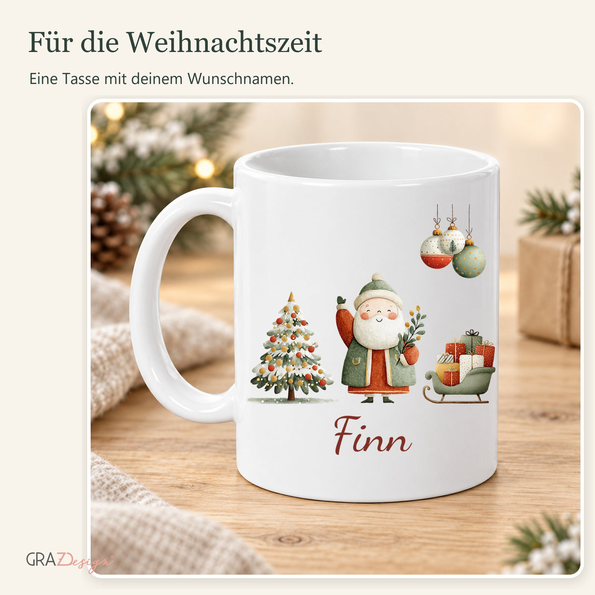 Weihnachtsmann mit Geschenken: personalisierte Weihnachtstasse mit Name Finn, Ansicht 8 von 8