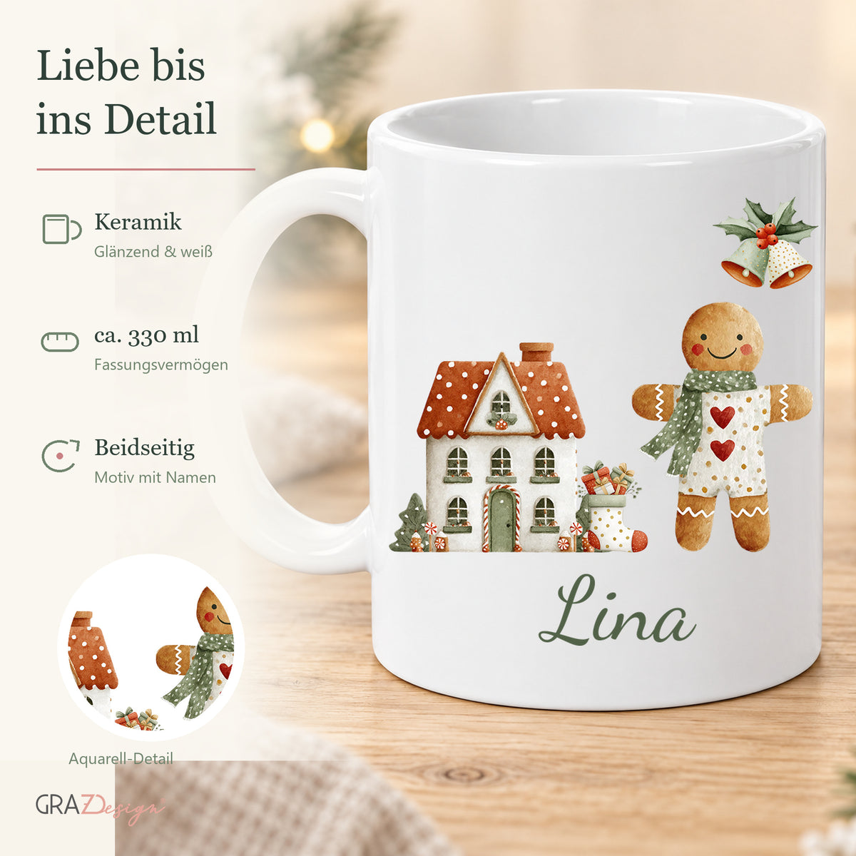 Lebkuchen-Weihnachten: personalisierte Weihnachtstasse mit Name Lina, Ansicht 4 von 8