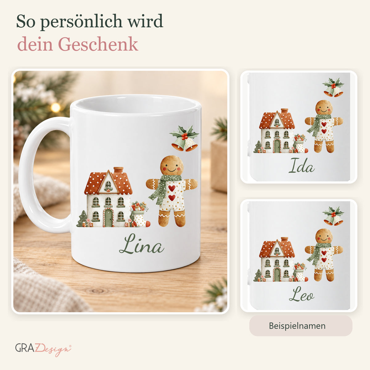 Lebkuchen-Weihnachten: personalisierte Weihnachtstasse mit Name Lina, Ansicht 5 von 8