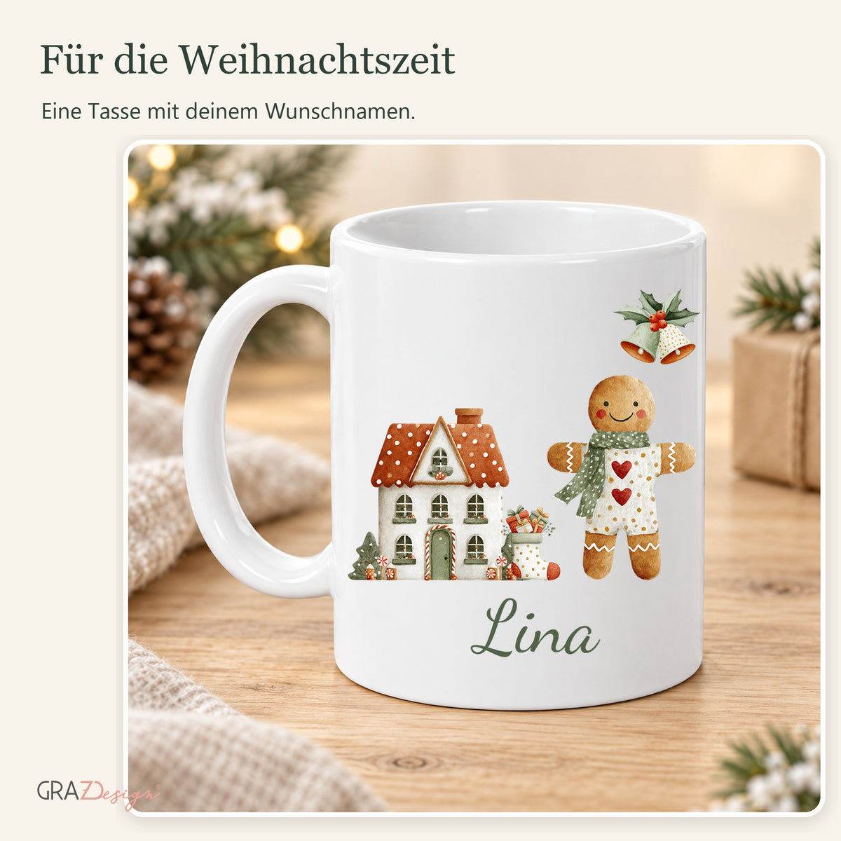 Lebkuchen-Weihnachten: personalisierte Weihnachtstasse mit Name Lina, Ansicht 8 von 8