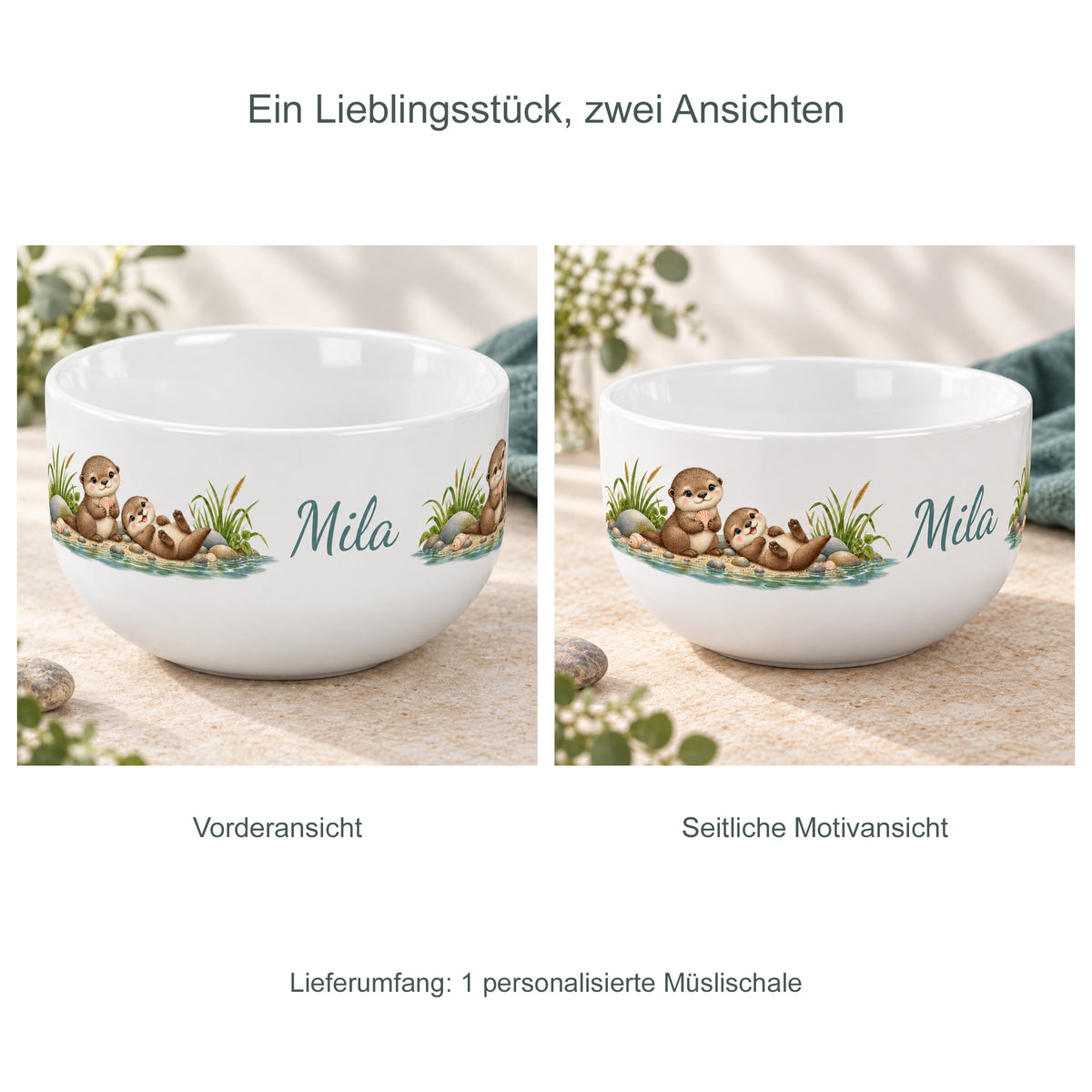 Zwei Ansichten derselben bedruckten Schale – Müslischale Otter Muschelglück, Beispielname Mila