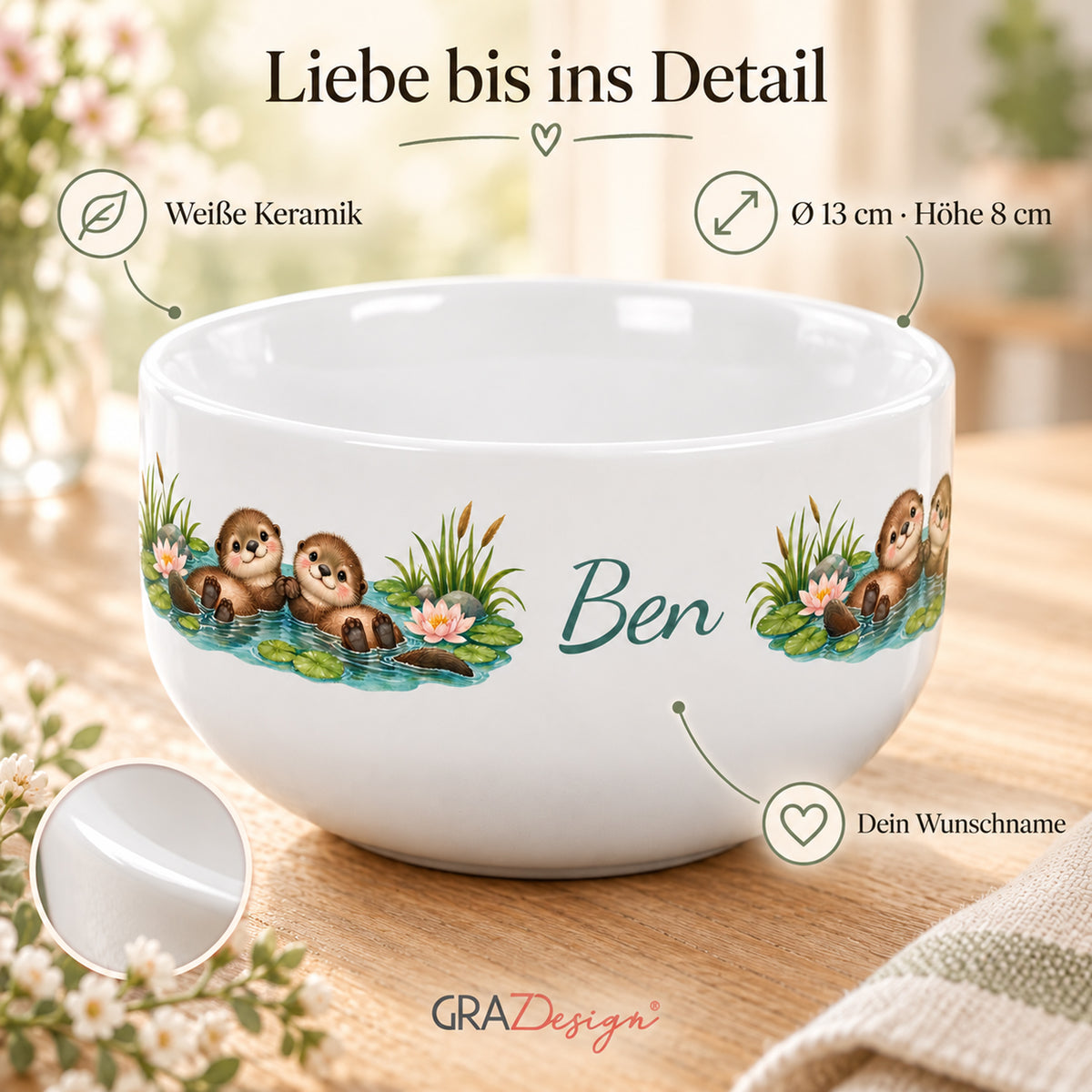 Produktdetails: weiße Keramik, 13 cm Durchmesser und 8 cm Höhe – Müslischale Otter Seerosenfreunde, Beispielname Ben