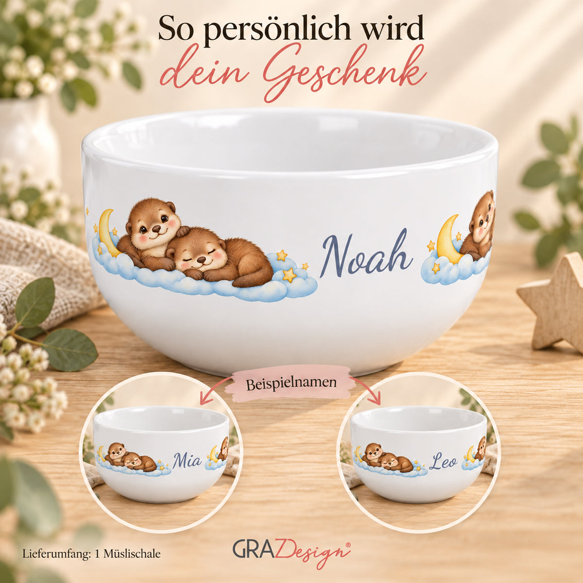 Personalisierung mit Hauptansicht und weiteren Beispielnamen – Müslischale Otter Sternenträume, Beispielname Noah