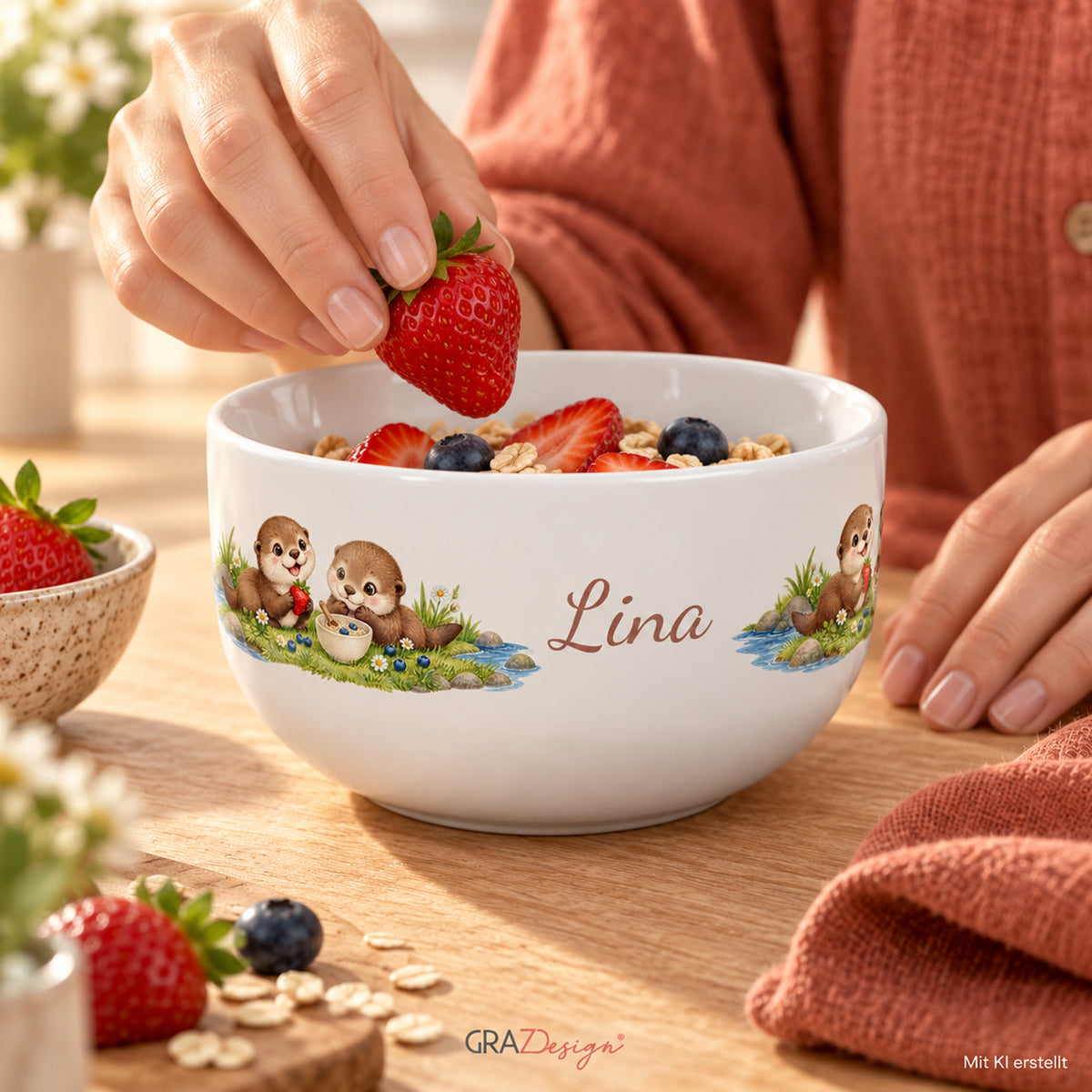 Nutzungsszene mit Händen, mit KI erstellt – Müslischale Otter Kleines Frühstück, Beispielname Lina