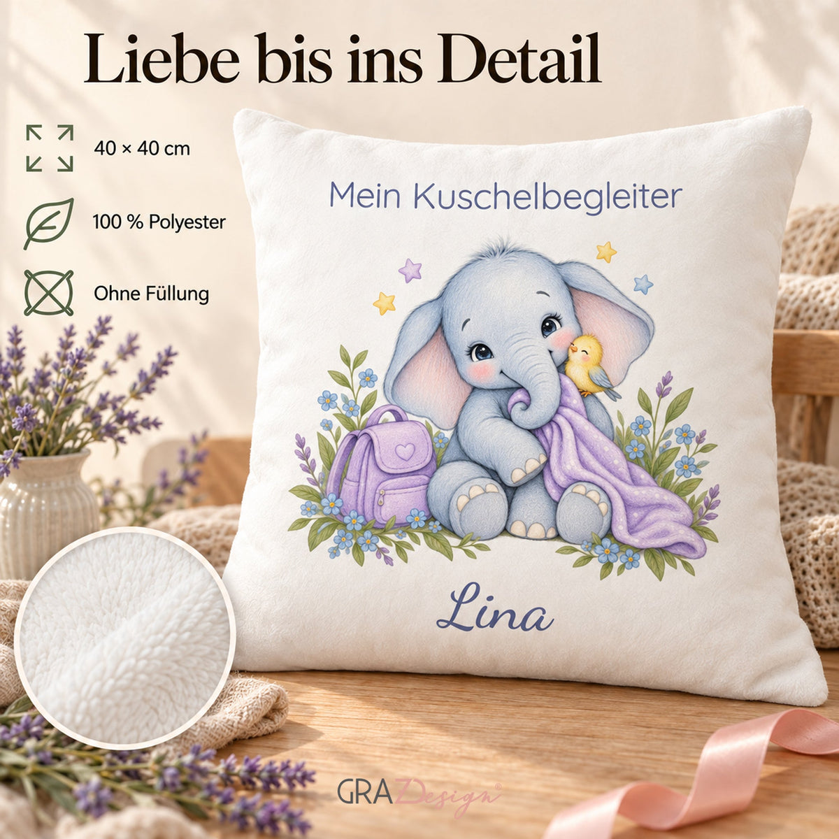 Personalisierter Elefant-Kissenbezug mit Mein Kuschelbegleiter – Ansicht 4