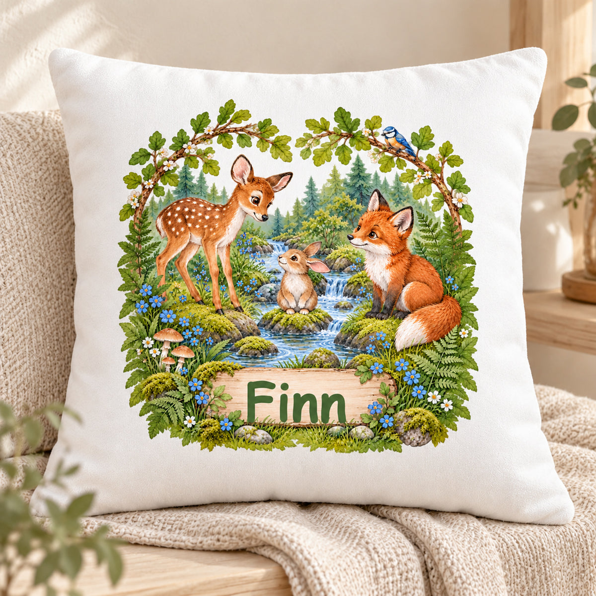 Frontalansicht des Waldtier-Kissens „Entdeckung am Waldbach“ mit Namensbeispiel Finn auf einem Leinenstuhl.