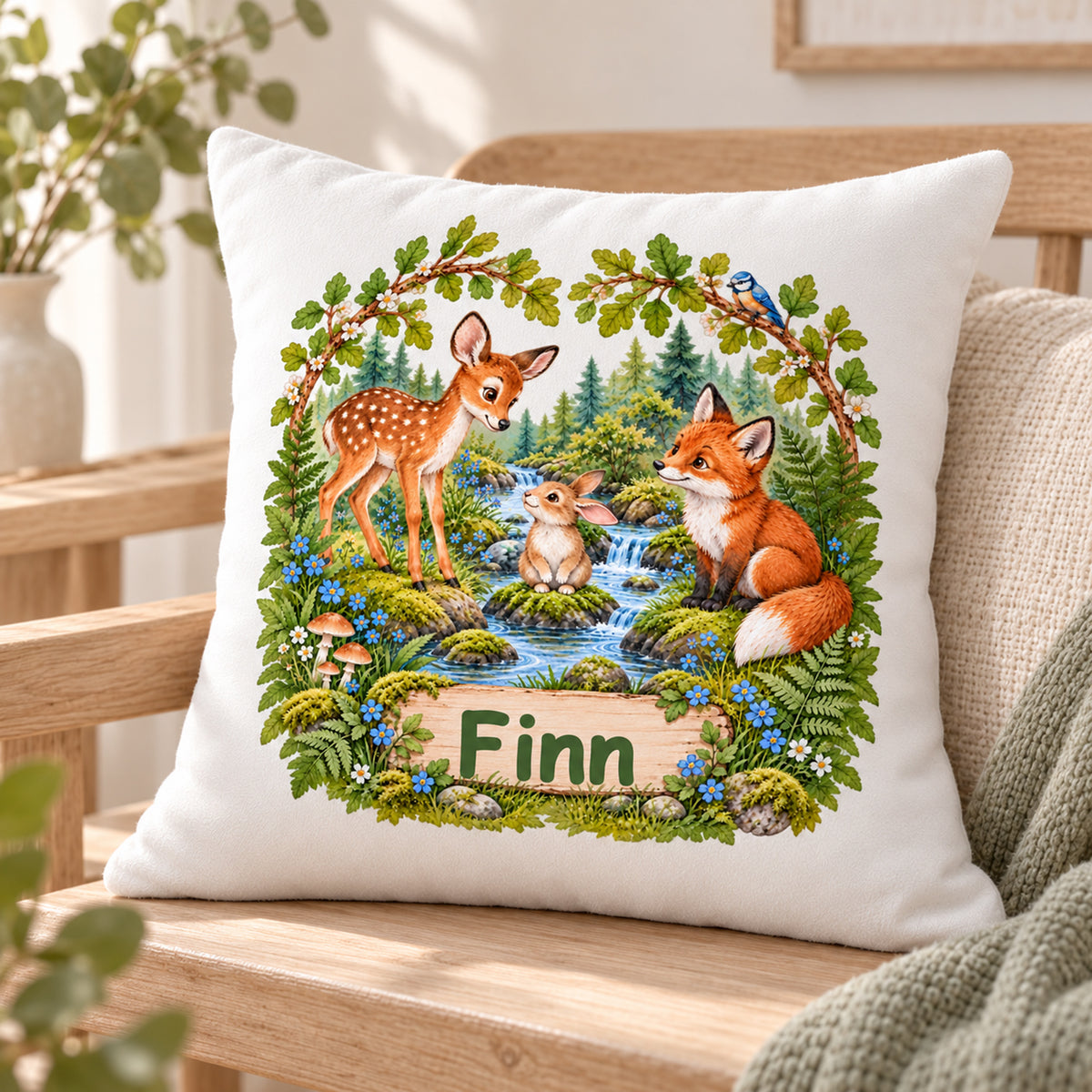 Dreiviertelansicht des Waldtier-Kissens „Entdeckung am Waldbach“ mit Namensbeispiel Finn auf einer Holzbank.