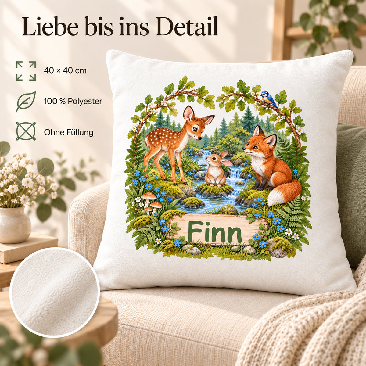 Produktdetails des Waldtier-Kissenbezugs: 40 × 40 cm, 100 % Polyester, Bezug ohne Füllung.