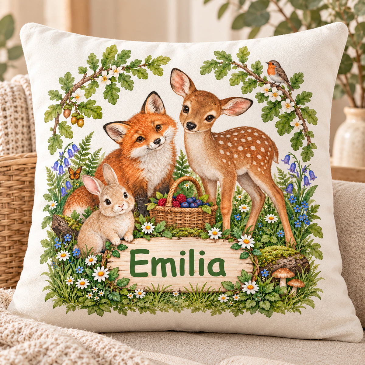 Große frontale Motivansicht des Waldtier-Kissens „Picknick auf der Waldlichtung“ mit Namensbeispiel Emilia; der gesamte Bezug bleibt sichtbar.