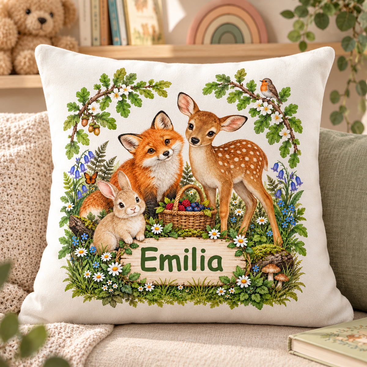 Waldtier-Kissenbezug „Picknick auf der Waldlichtung“ mit Namensbeispiel Emilia in einer Leseecke.