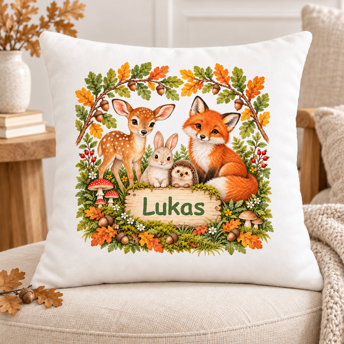 Frontalansicht des Waldtier-Kissens „Herbstfreunde unter Eichenlaub“ mit Namensbeispiel Lukas auf einem Leinenstuhl.