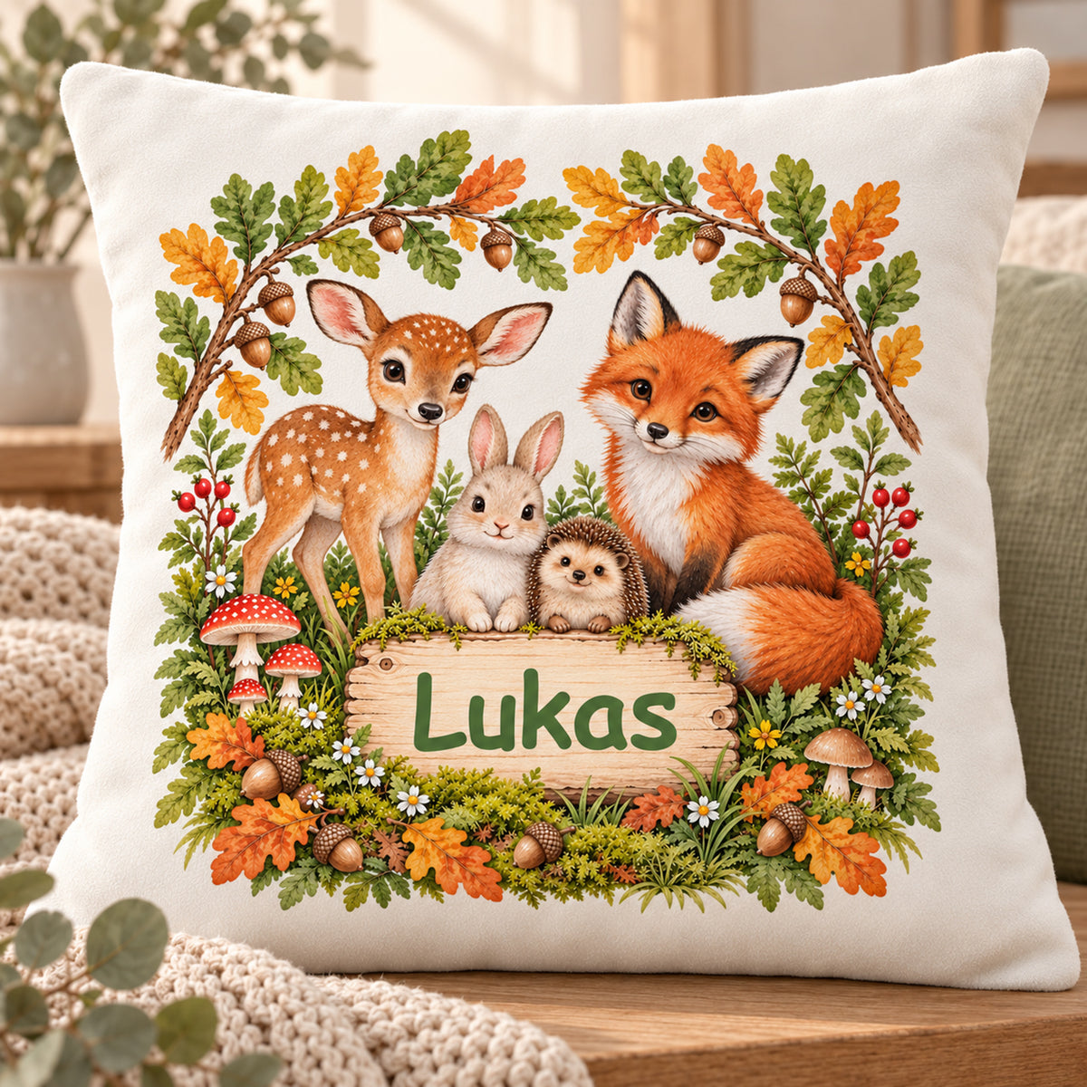 Große frontale Motivansicht des Waldtier-Kissens „Herbstfreunde unter Eichenlaub“ mit Namensbeispiel Lukas; der gesamte Bezug bleibt sichtbar.