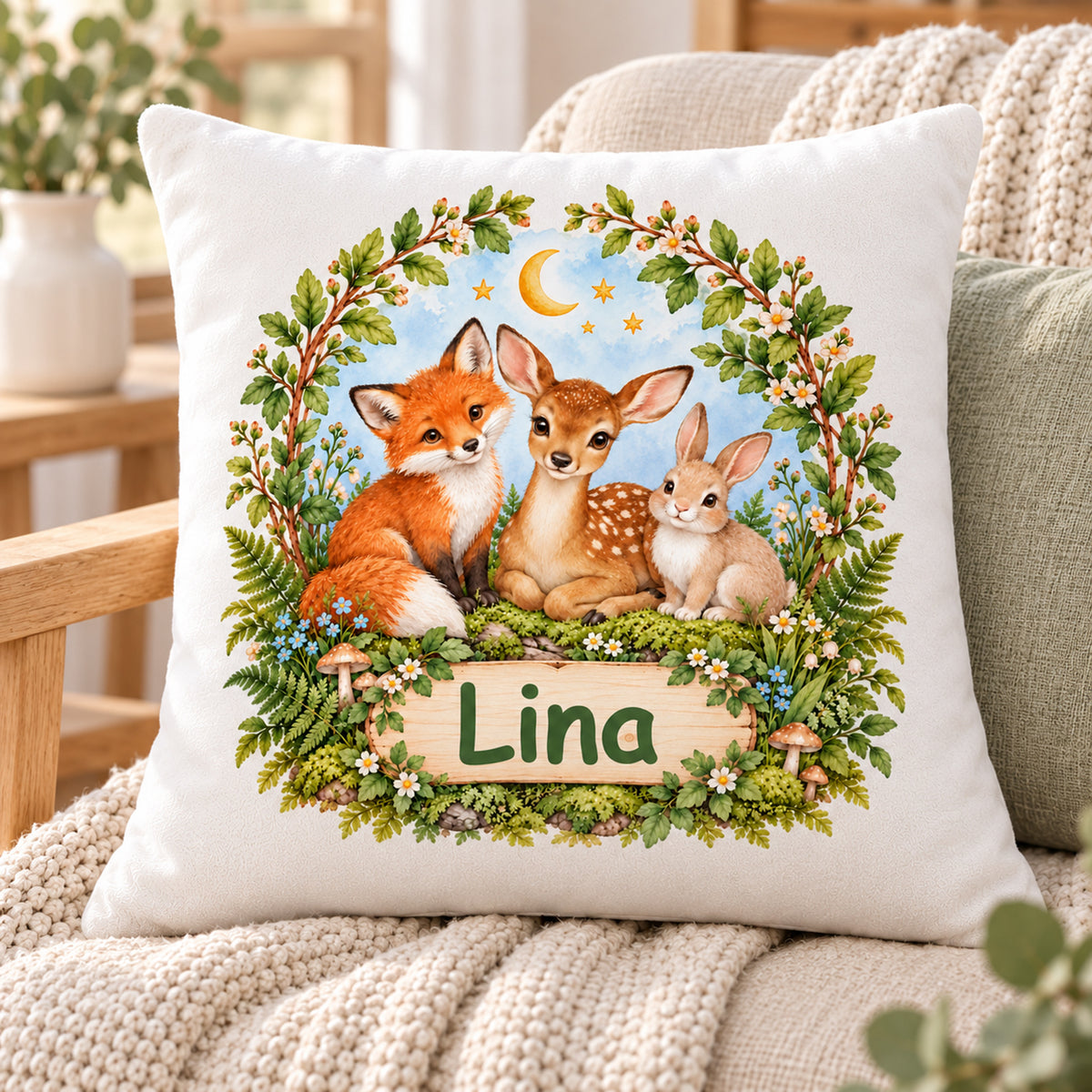 Frontalansicht des Waldtier-Kissens „Sternenabend im Wald“ mit Namensbeispiel Lina auf einem Leinenstuhl.