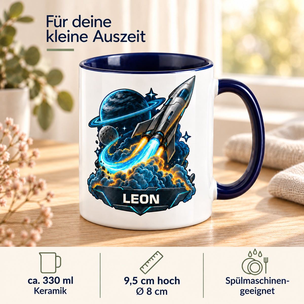 Eigenschaften der Tasse Neonstart: ca. 330 ml Keramik, 9,5 cm hoch, Ø 8 cm, spülmaschinengeeignet