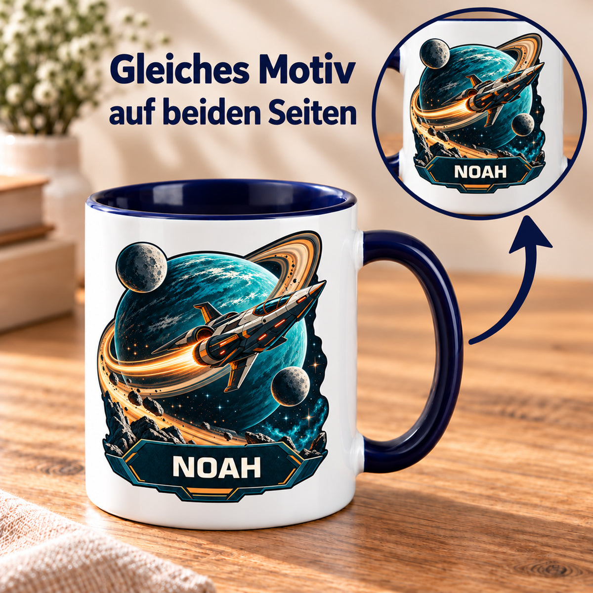Tasse Ringplanet mit NOAH, Pfeil und Detailansicht: gleiches Motiv auf beiden Seiten