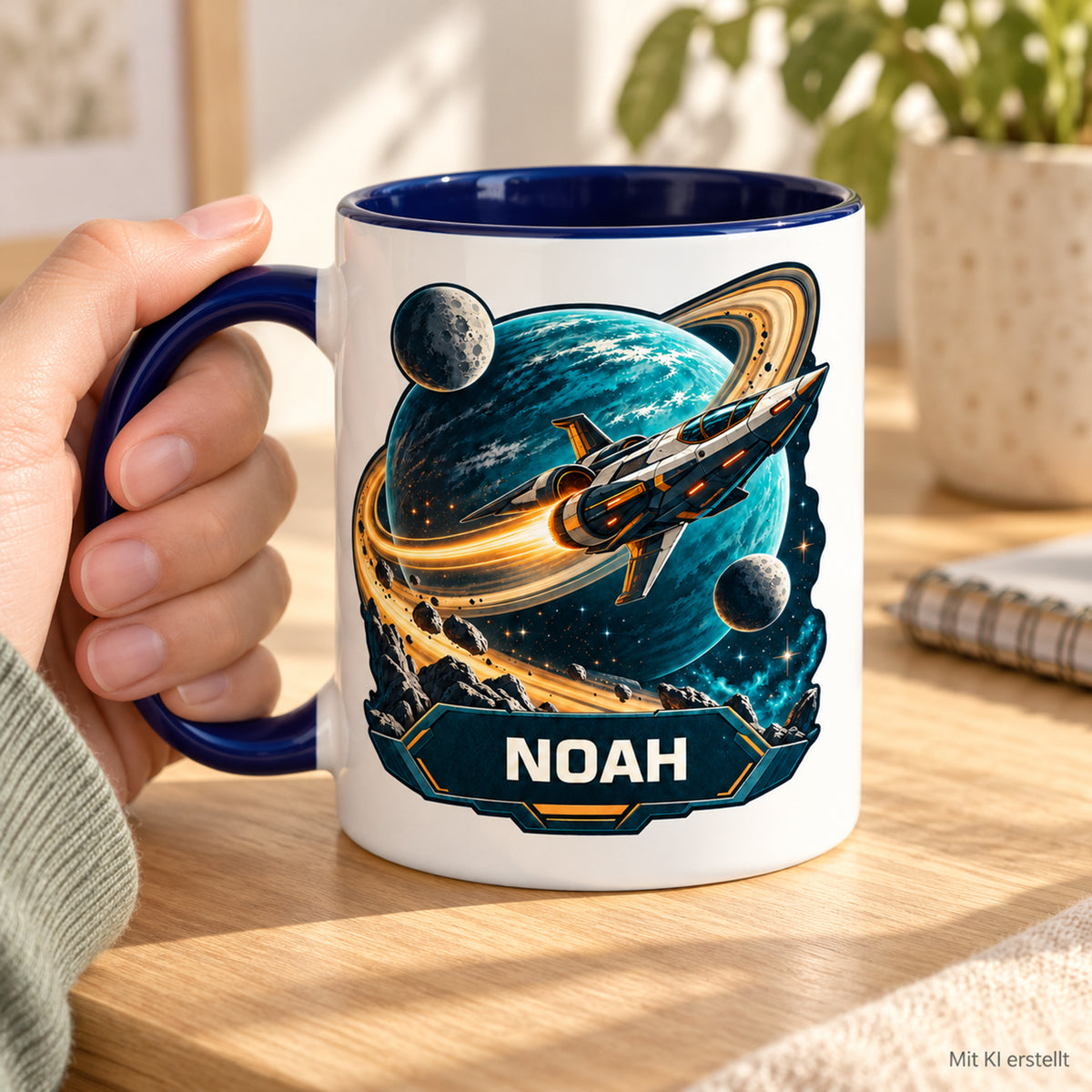 Tasse Ringplanet in einer Hand, Beispielname NOAH, mit KI erstellt