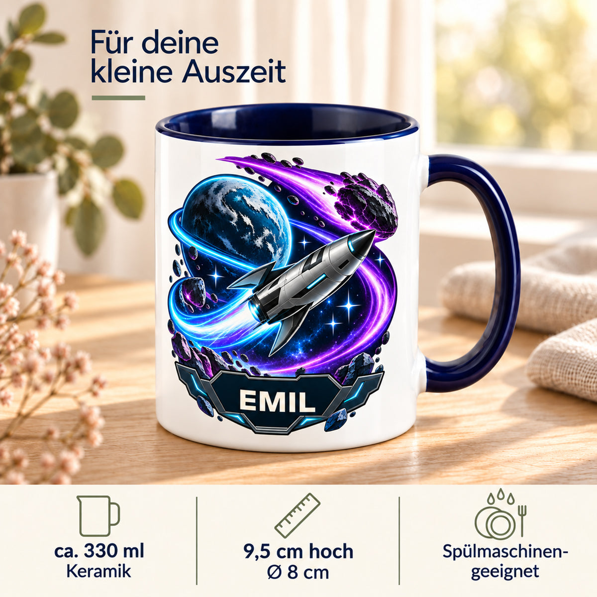 Eigenschaften der Tasse Kometenflug: ca. 330 ml Keramik, 9,5 cm hoch, Ø 8 cm, spülmaschinengeeignet