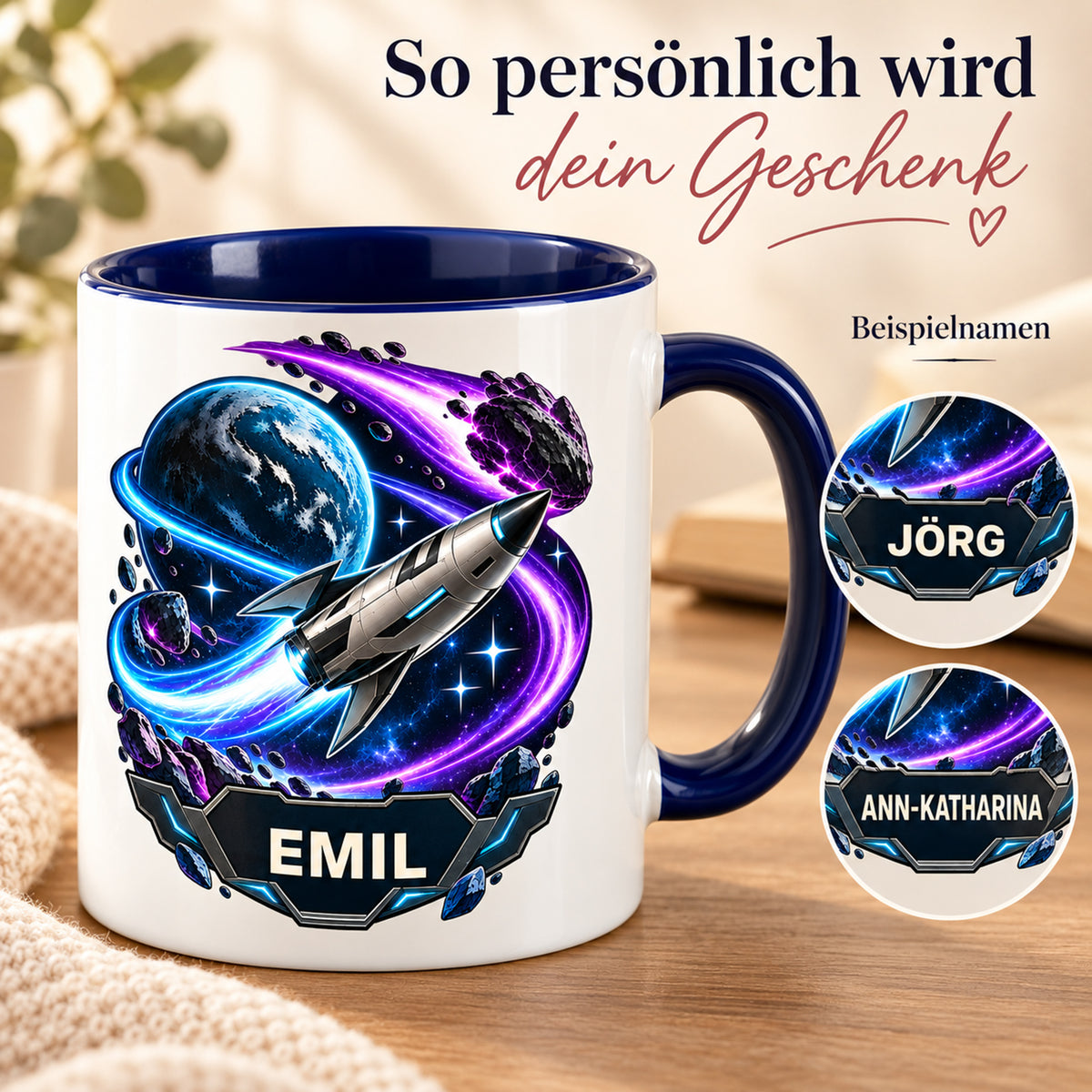 Namensbeispiele der Tasse Kometenflug: EMIL, JÖRG und ANN-KATHARINA