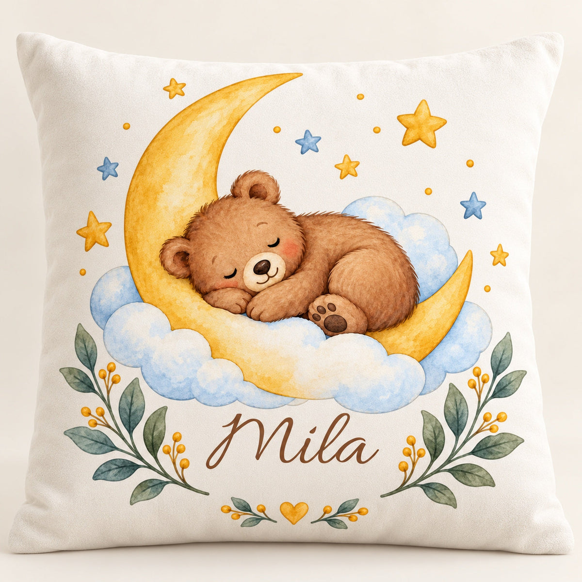 Goldener Mond: personalisierter Kissenbezug mit Bär, Mond und Beispielname Mila – Hauptbild