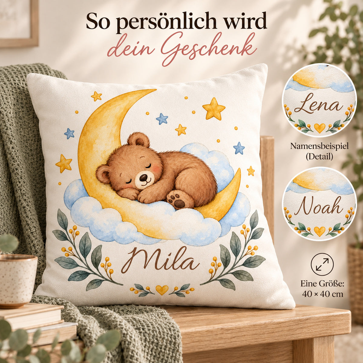 Goldener Mond: personalisierter Kissenbezug mit Bär, Mond und Beispielname Mila – Personalisierung