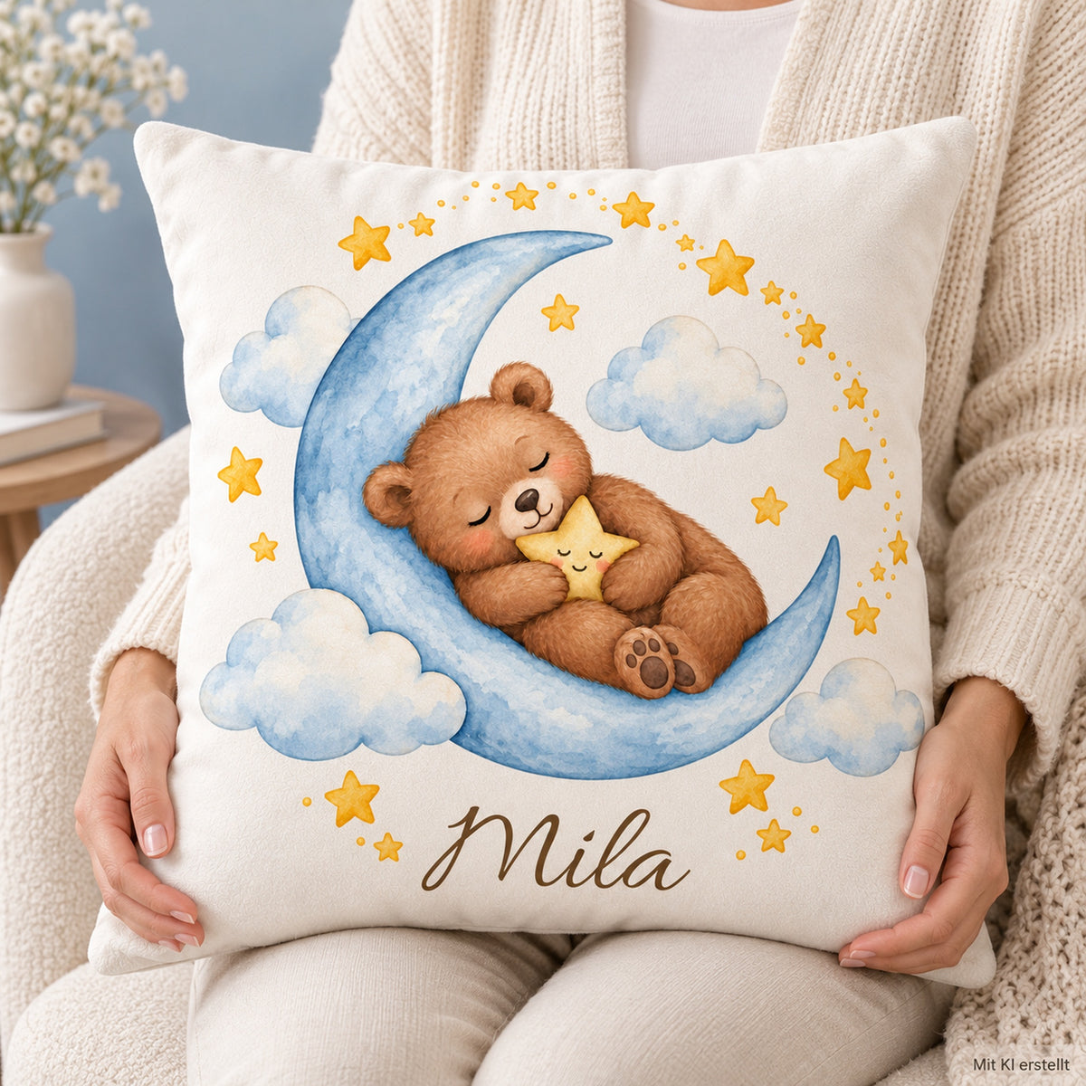 Sternenkuscheln: personalisierter Kissenbezug mit Bär, Mond und Beispielname Mila – Nutzung mit Händen