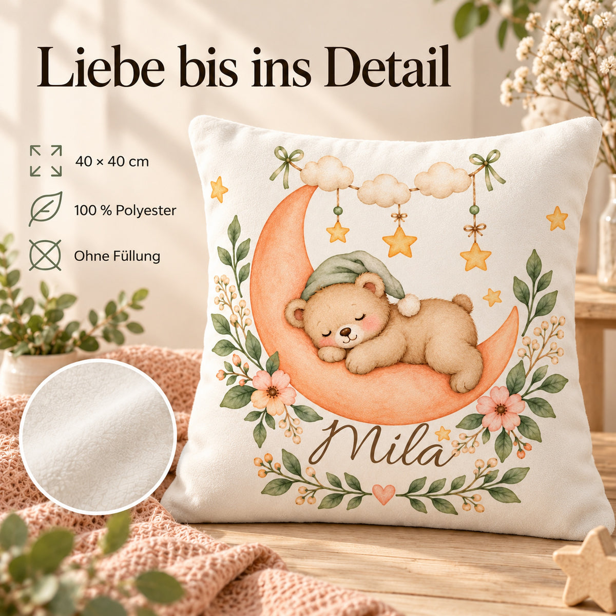 Traumreise in Pfirsich: personalisierter Kissenbezug mit Bär, Mond und Beispielname Mila – Produktdetails