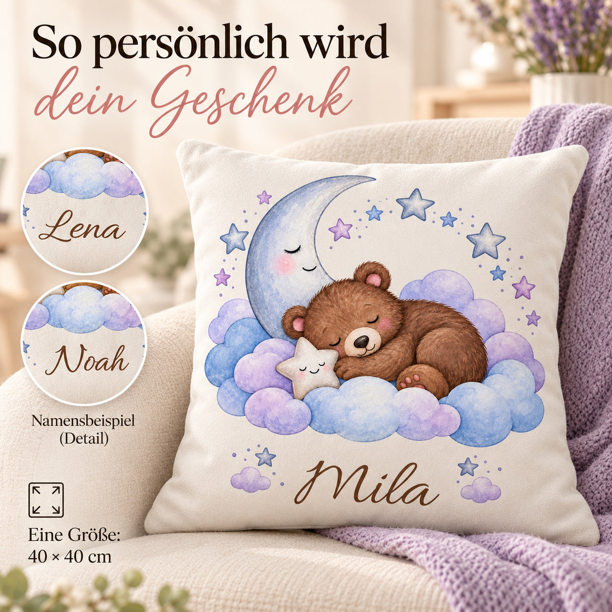 Silberne Wolkennacht: personalisierter Kissenbezug mit Bär, Mond und Beispielname Mila – Personalisierung