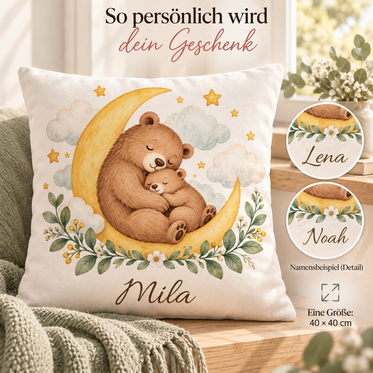 Bärenkuscheln: personalisierter Kissenbezug mit Bär, Mond und Beispielname Mila – Personalisierung