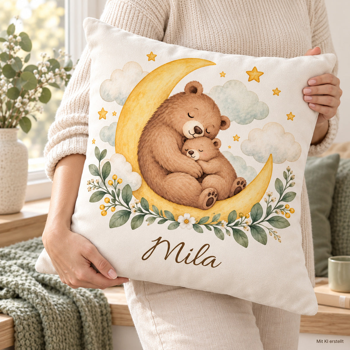 Bärenkuscheln: personalisierter Kissenbezug mit Bär, Mond und Beispielname Mila – Nutzung mit Händen