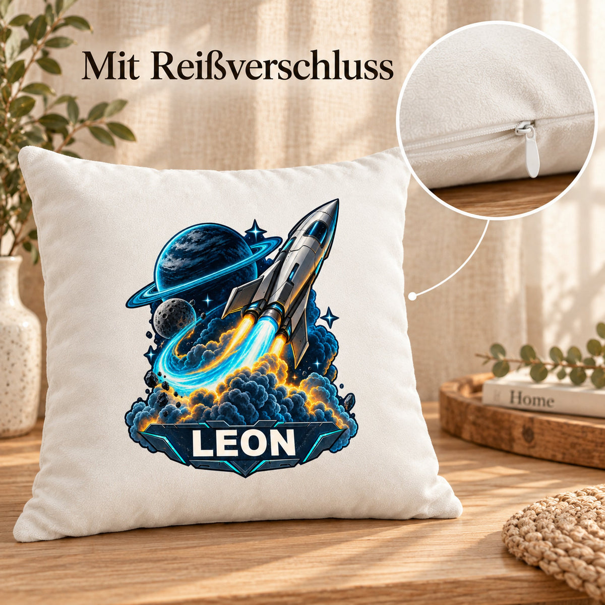 Reißverschlussdetail: personalisierter Dekokissenbezug Neonstart mit Rakete und Ringplanet und Beispielname LEON; 40 × 40 cm.