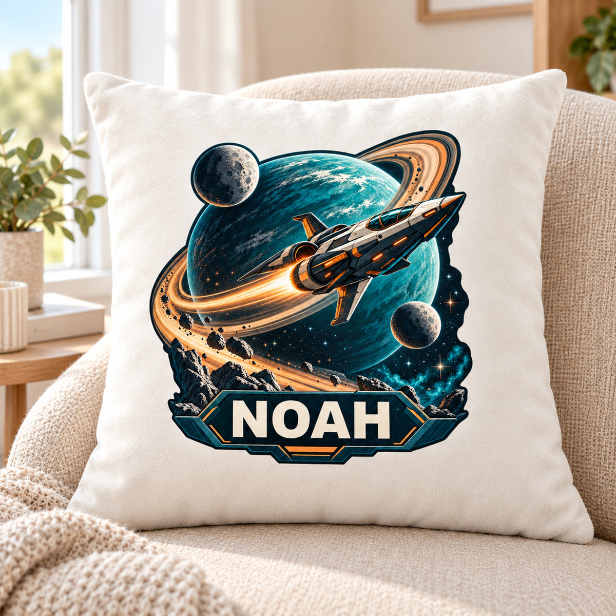 Motivansicht: personalisierter Dekokissenbezug Ringplanet mit Raumschiff und Ringplanet und Beispielname NOAH; 40 × 40 cm.