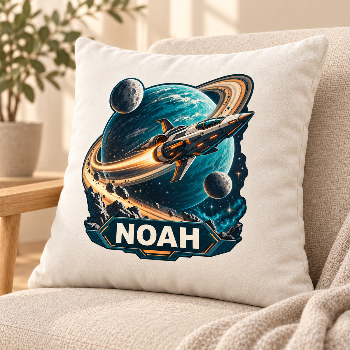 Schrägansicht: personalisierter Dekokissenbezug Ringplanet mit Raumschiff und Ringplanet und Beispielname NOAH; 40 × 40 cm.
