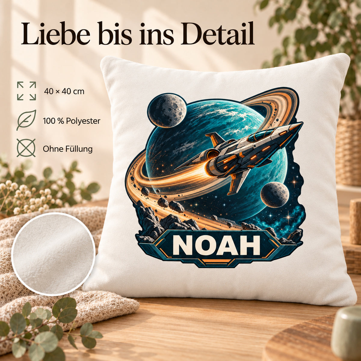 Produktdetails: personalisierter Dekokissenbezug Ringplanet mit Raumschiff und Ringplanet und Beispielname NOAH; 40 × 40 cm.