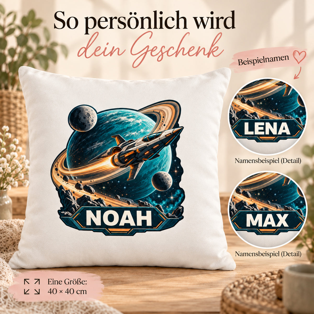 Personalisierung: personalisierter Dekokissenbezug Ringplanet mit Raumschiff und Ringplanet und Beispielname NOAH; 40 × 40 cm.
