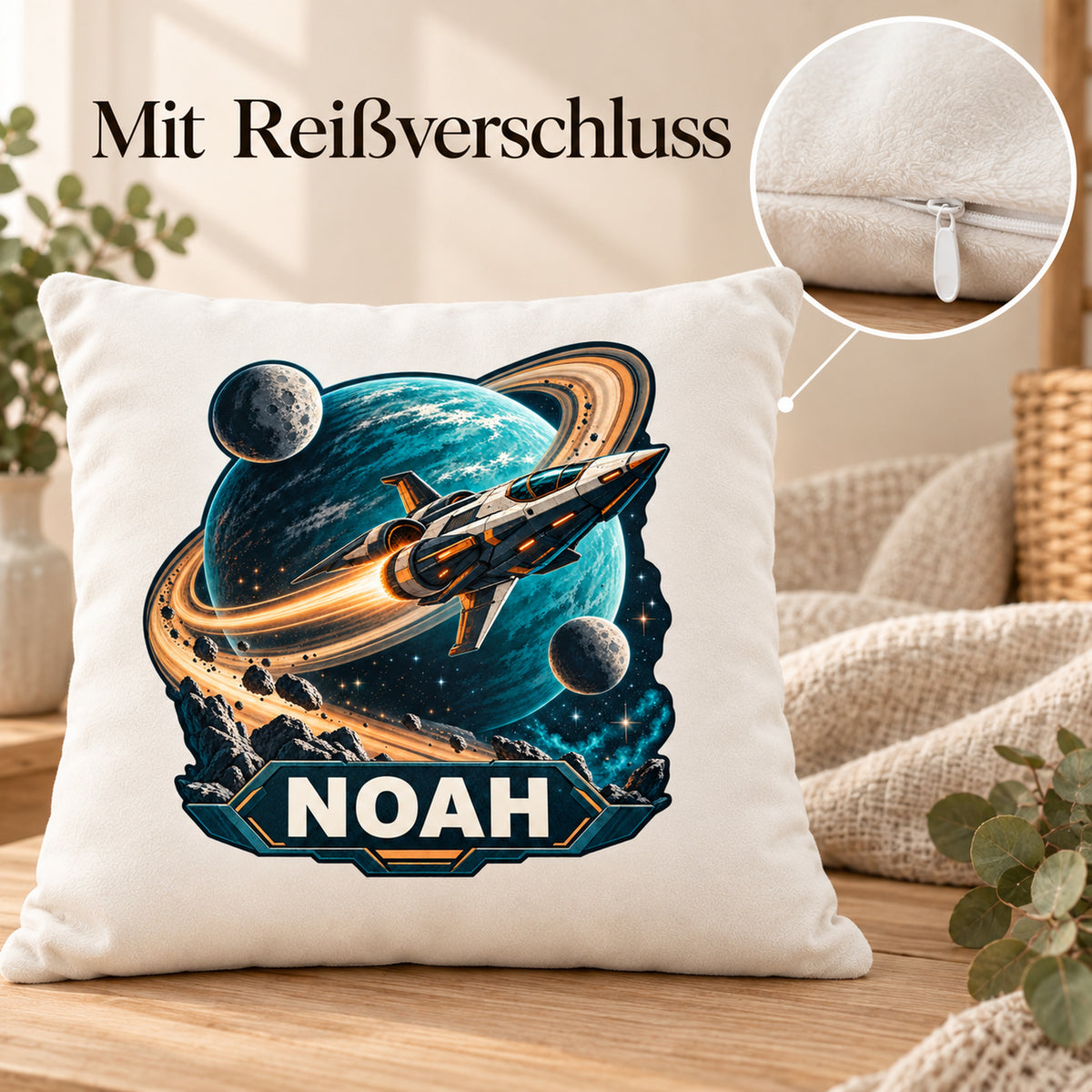 Reißverschlussdetail: personalisierter Dekokissenbezug Ringplanet mit Raumschiff und Ringplanet und Beispielname NOAH; 40 × 40 cm.