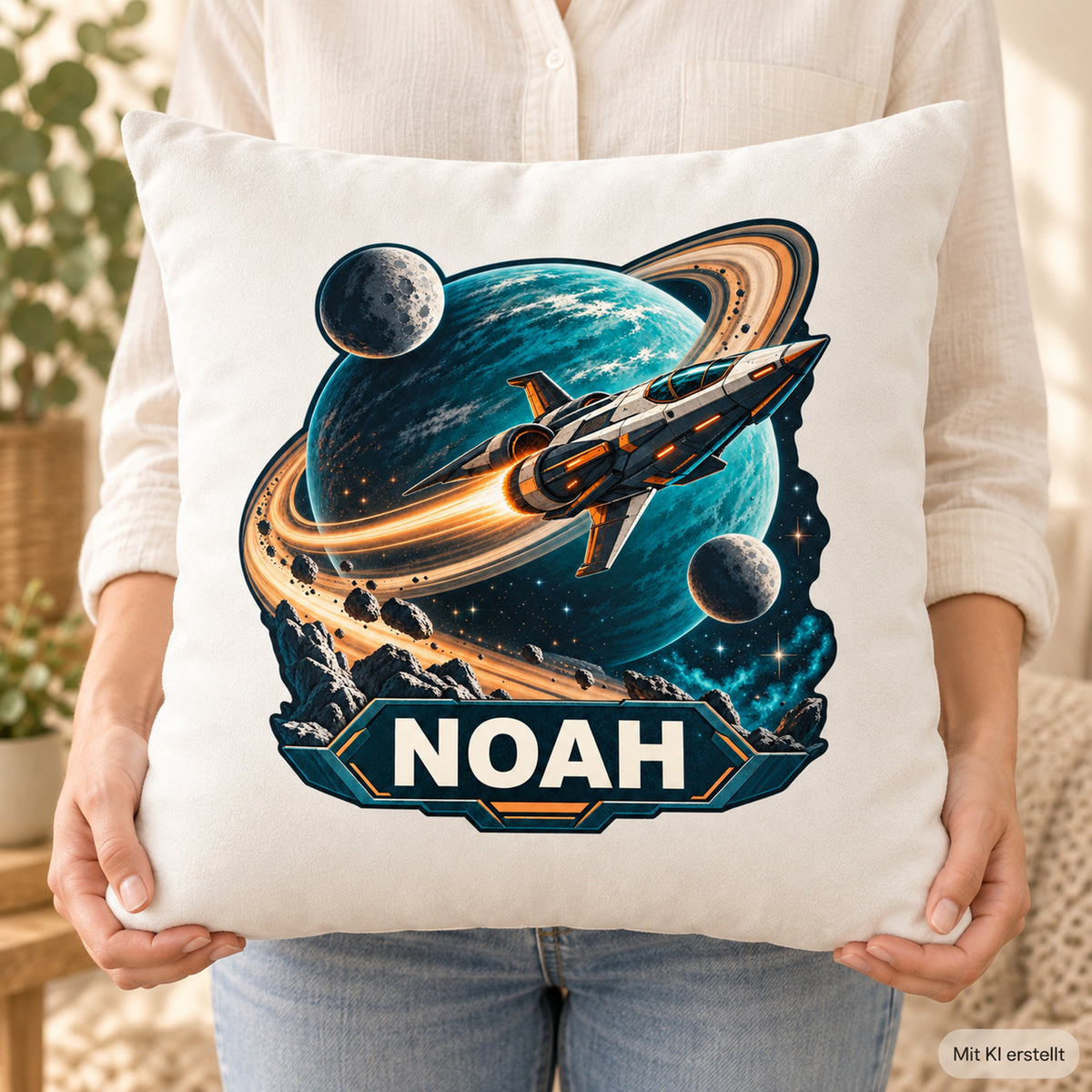 Nutzungsszene: personalisierter Dekokissenbezug Ringplanet mit Raumschiff und Ringplanet und Beispielname NOAH; 40 × 40 cm.