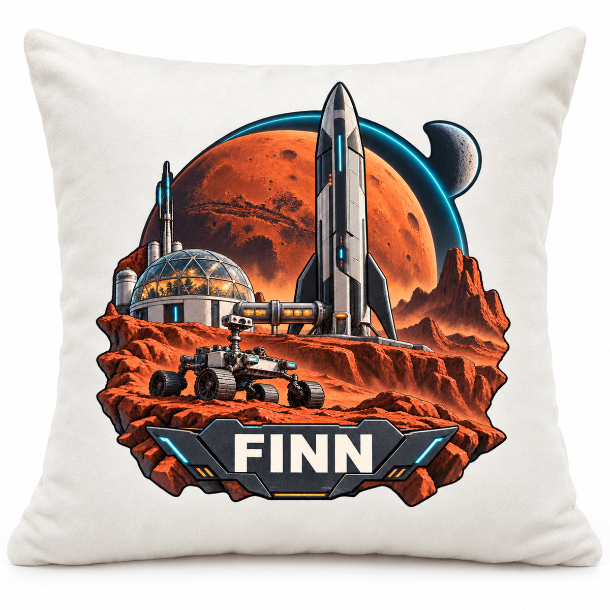 Hauptbild: personalisierter Dekokissenbezug Marsbasis mit Marsbasis und Rakete und Beispielname FINN; 40 × 40 cm.