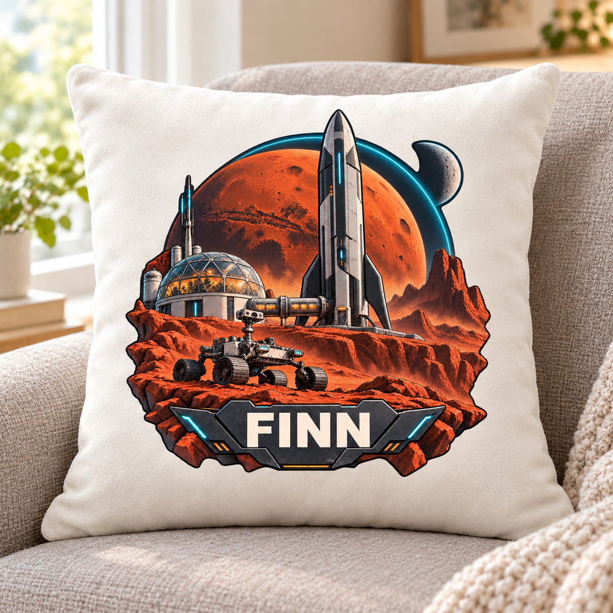 Motivansicht: personalisierter Dekokissenbezug Marsbasis mit Marsbasis und Rakete und Beispielname FINN; 40 × 40 cm.