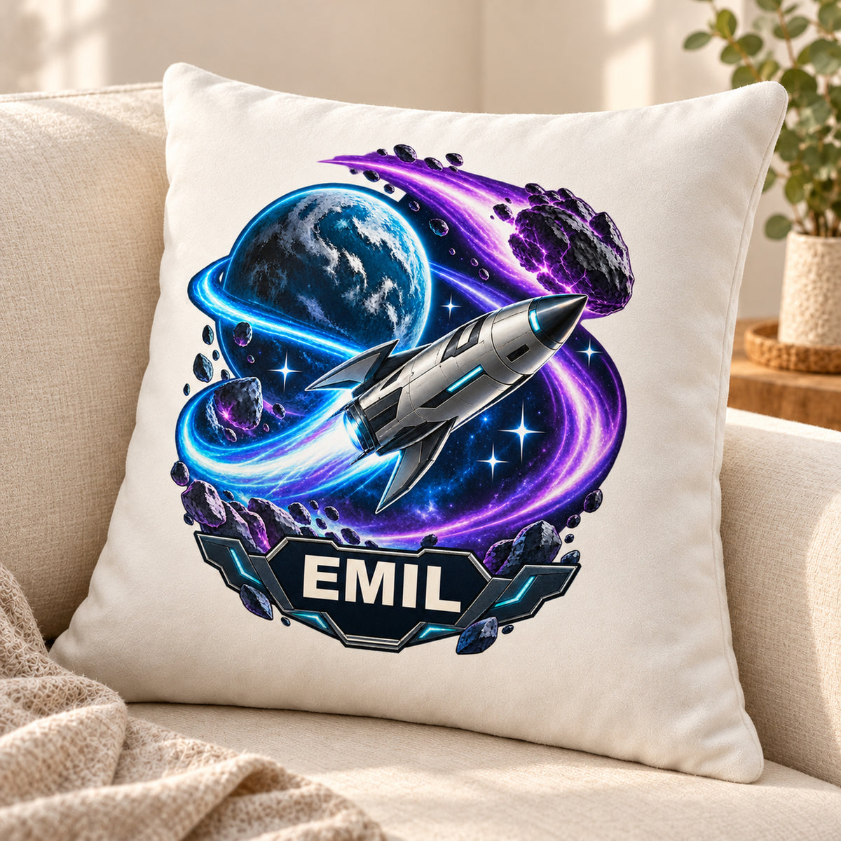Schrägansicht: personalisierter Dekokissenbezug Kometenflug mit Rakete und Komet und Beispielname EMIL; 40 × 40 cm.