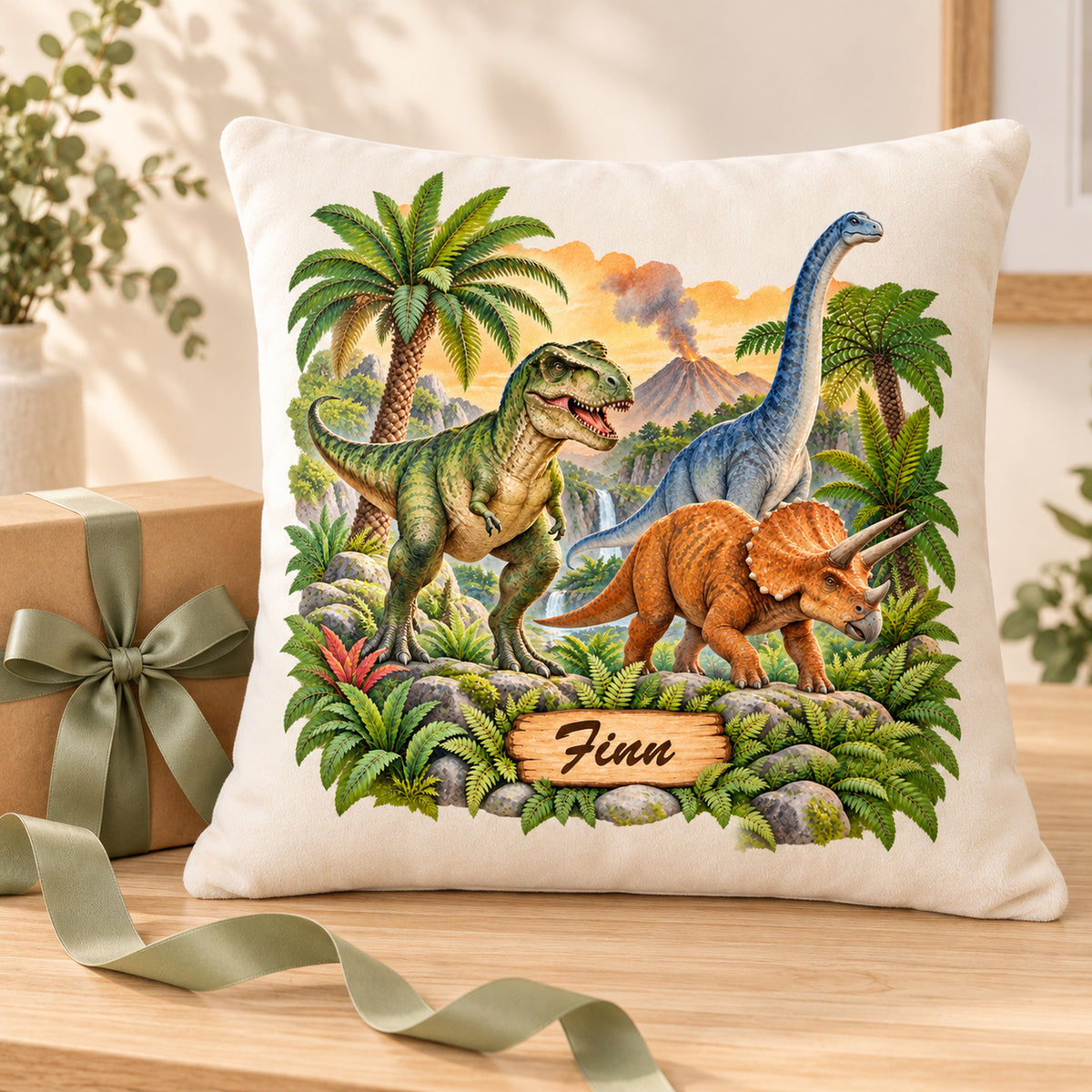 Dinosaurier-Kissenbezug Vulkantal, 40 × 40 cm, mit Beispielname Finn – Geschenk.